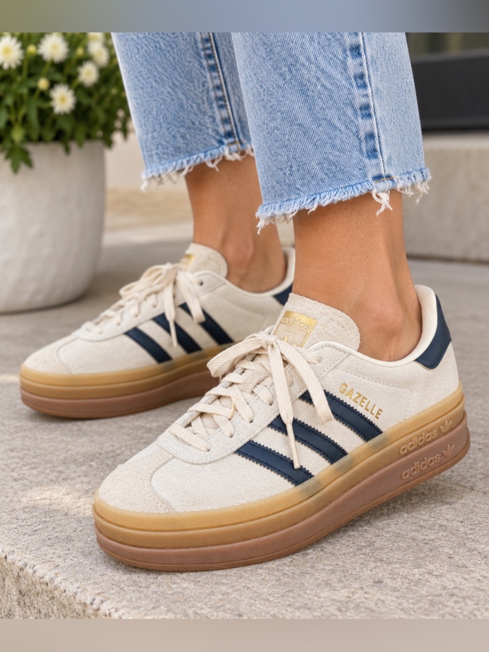 Adidas Women’s 7 Gazelle Bold Cream & Navy Suede Retro  Platform Sneakers